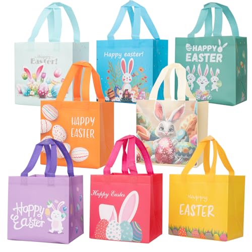 Linelglobal Easter Gift Bag with Handle Happy Easter Non-Woven Bag for Kid Reusable Easter Tote Bag for Egg Hunt Bunny Carrot Chick 8 Pack - Image 1