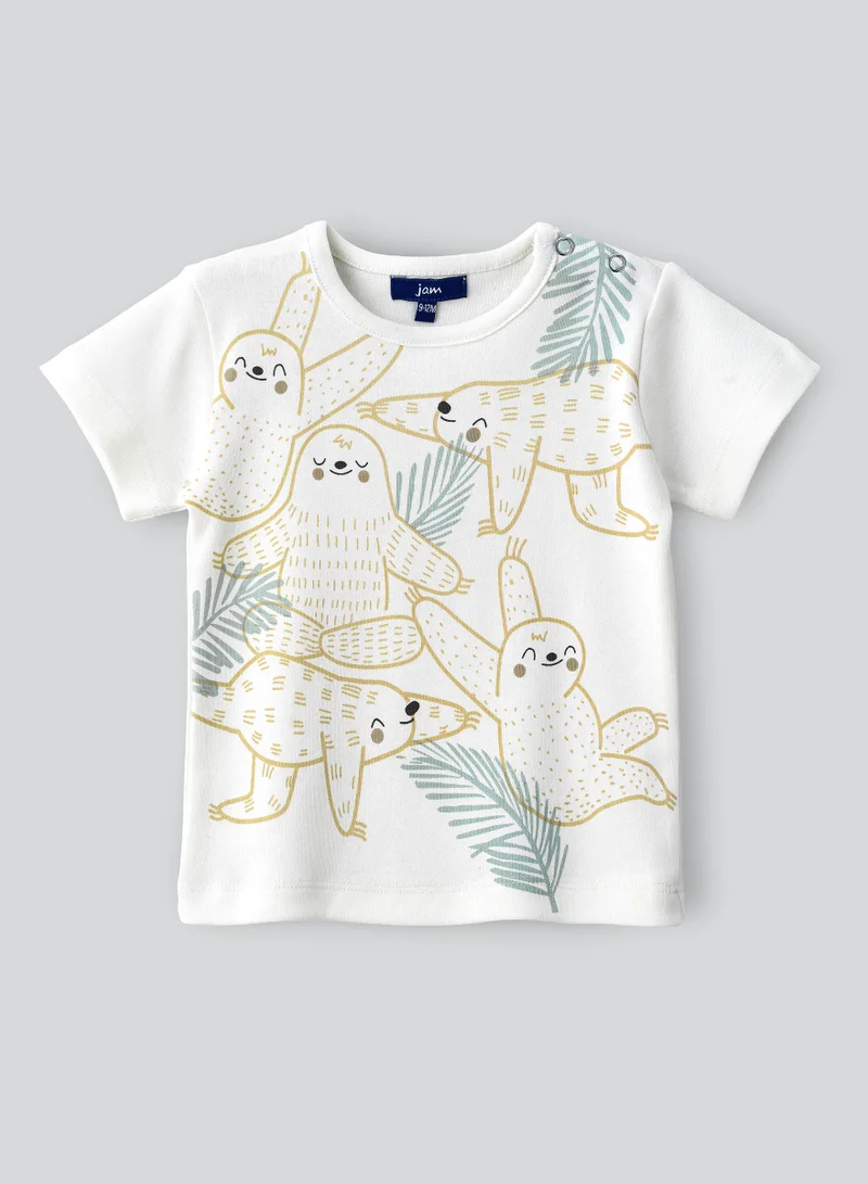 JAM Boys' White Sloth Pattern Cotton T-Shirt