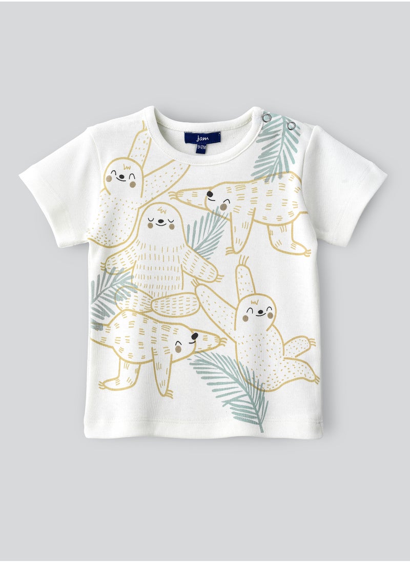 JAM Boys' White Sloth Pattern Cotton T-Shirt  - Image 1
