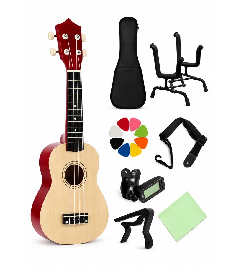 Megarya Ukulele 4-String Soprano Style Starter Kit with Gig Bag, Stand, Tuner, Capo, Strap, 8 Picks & Cleaning Cloth, Natural & Red, Complete Beginner Ukulele Bundle