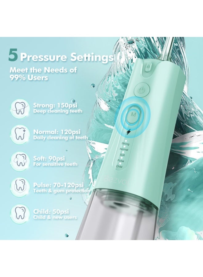 Bezvoi Water Flosser Teeth Pick: 5 Modes Cordless Water Dental Floss 300ML Portable Rechargeable IPX7 Waterproof Electric Water Flossing Cleaning Picks with 6 Jet Tips Oral Irrigator, Mint Green  - Image 3