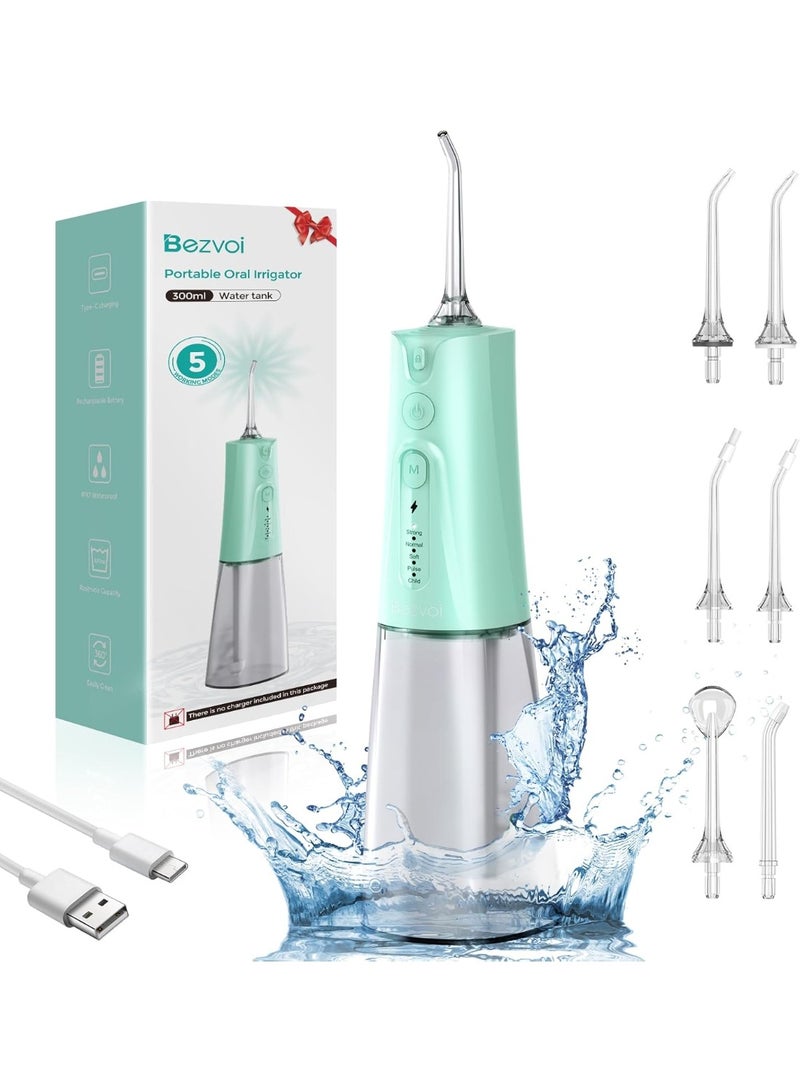 Bezvoi Water Flosser Teeth Pick: 5 Modes Cordless Water Dental Floss 300ML Portable Rechargeable IPX7 Waterproof Electric Water Flossing Cleaning Picks with 6 Jet Tips Oral Irrigator, Mint Green  - Image 1
