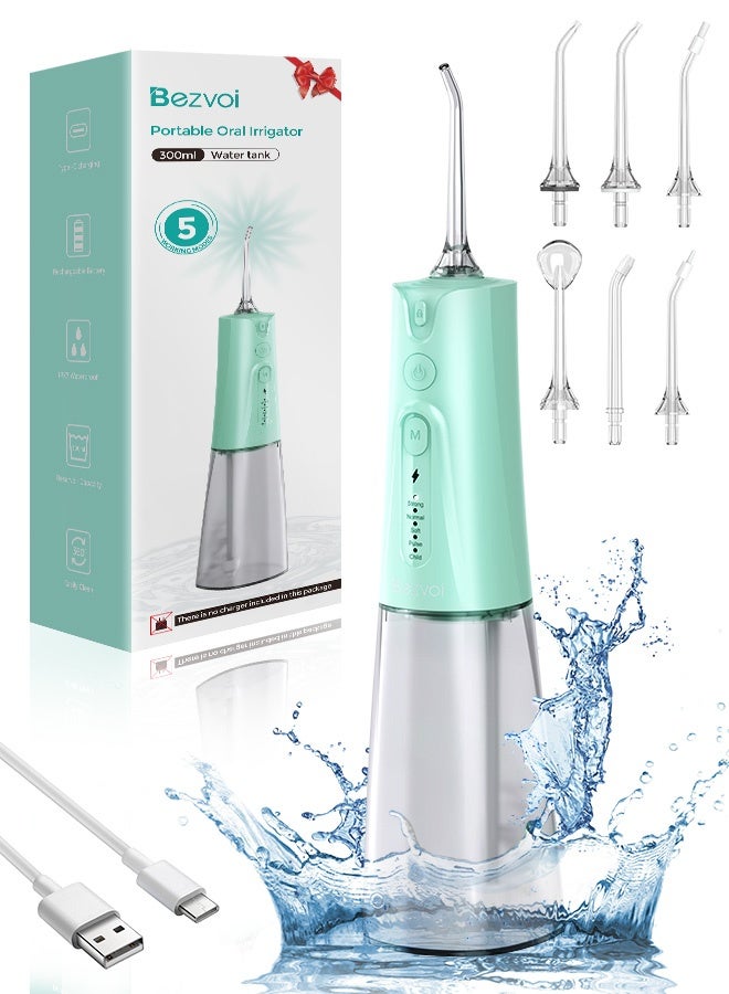 Bezvoi Water Flosser Teeth Pick: 5 Modes Cordless Water Dental Floss 300ML Portable Rechargeable IPX7 Waterproof Electric Water Flossing Cleaning Picks with 6 Jet Tips Oral Irrigator, Mint Green - Image 1