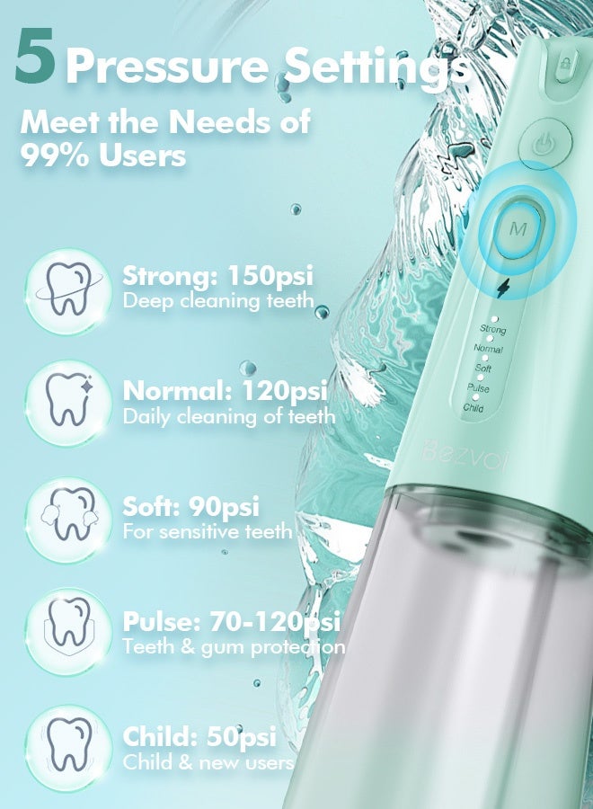 Bezvoi Water Flosser Teeth Pick: 5 Modes Cordless Water Dental Floss 300ML Portable Rechargeable IPX7 Waterproof Electric Water Flossing Cleaning Picks with 6 Jet Tips Oral Irrigator, Mint Green - Image 3