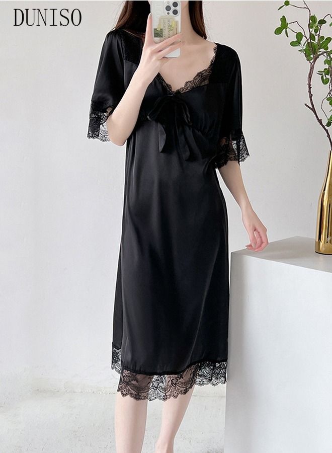 DUNISO Women's Lace Short  Sleeve Nightgown Sweet Silk Pajama Dress Sleepwear Girls Comfortable V Neck Nightwear Summer Home Wear  Lounge Dress - Image 2