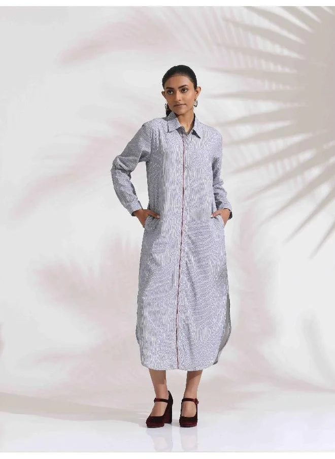 ترو برونز trueBrowns Grey Stripe Cotton Shirt Dress