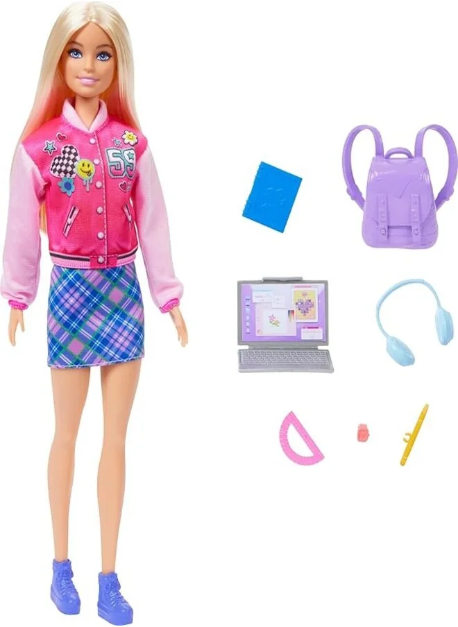 باربي I Love School Doll & Accessories Toy Set, 7 Pieces Include Backpack, Laptop & More, Blonde Fashion Doll Wears Removable Look