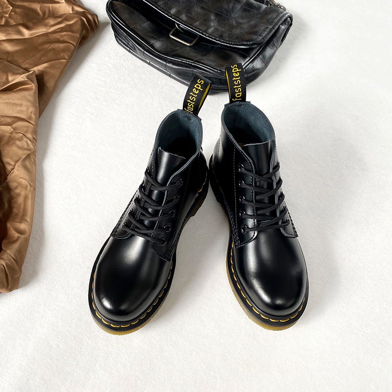 Retro Low-Heel Leather Martin Boots Black 