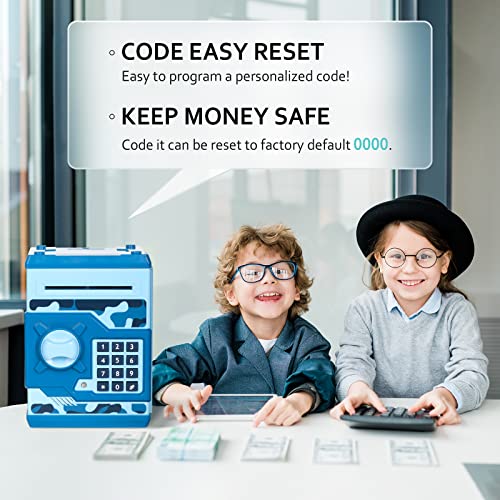 Vcertcpl ATM Piggy Bank for Boys Girls Vcertcpl Mini ATM Coin Bank Money Saving Box with Password Kids Safe Money Jar for Adults with Auto Grab Bill Slot Great Gift Toy Bank for KidsCamouflage Blue - Image 5