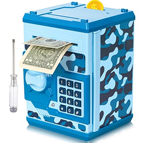 Vcertcpl ATM Piggy Bank for Boys Girls Vcertcpl Mini ATM Coin Bank Money Saving Box with Password Kids Safe Money Jar for Adults with Auto Grab Bill Slot Great Gift Toy Bank for KidsCamouflage Blue - Image 1