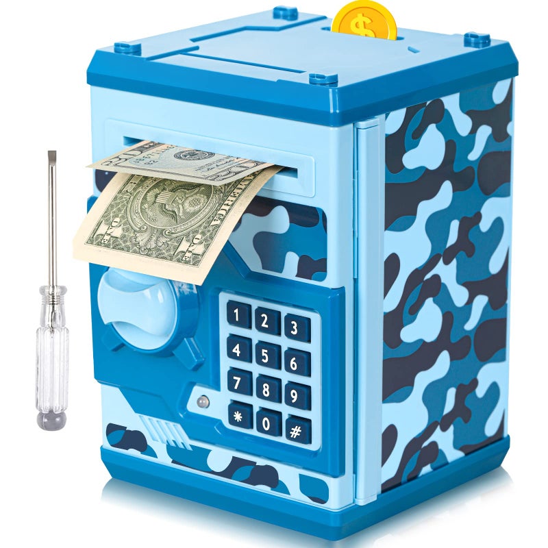 Vcertcpl ATM Piggy Bank for Boys Girls Vcertcpl Mini ATM Coin Bank Money Saving Box with Password Kids Safe Money Jar for Adults with Auto Grab Bill Slot Great Gift Toy Bank for KidsCamouflage Blue - Image 3