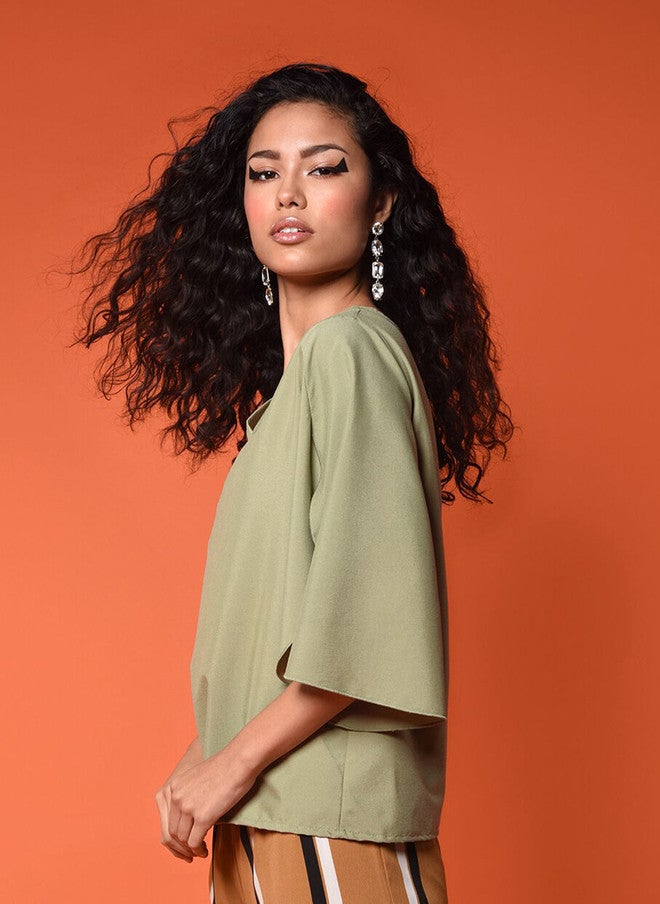CHIMPAAANZEE Sage Green Solid Flared Sleeves Boxy Top - Image 3