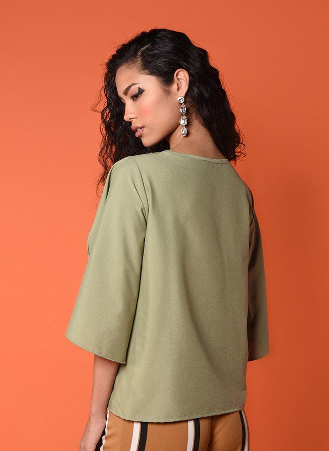 CHIMPAAANZEE Sage Green Solid Flared Sleeves Boxy Top - Image 4
