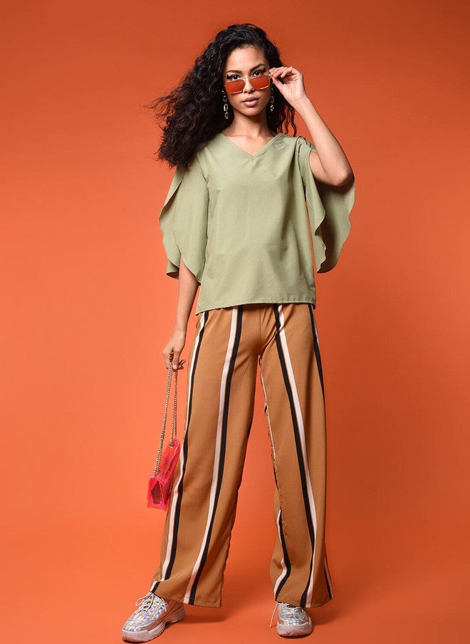 CHIMPAAANZEE Sage Green Solid Flared Sleeves Boxy Top - Image 5