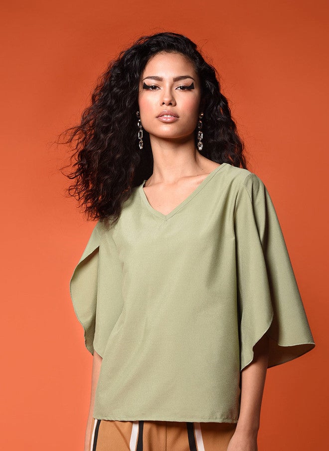 CHIMPAAANZEE Sage Green Solid Flared Sleeves Boxy Top - Image 1
