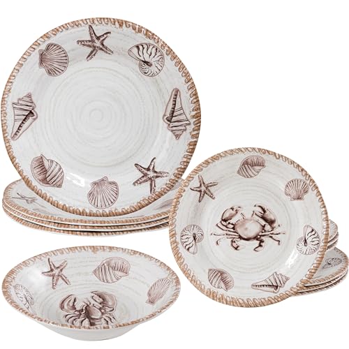 ZAROCRUS Melamine Dinnerware Sets, 12 Piece Rustic Oceanic Theme Outdoor Plates and Bowls Dinnerware Set for Patio, Farmhouse Coastal Dishes Dinnerware Set of 4, Great for Camper, RV, Multicolor - Image 1