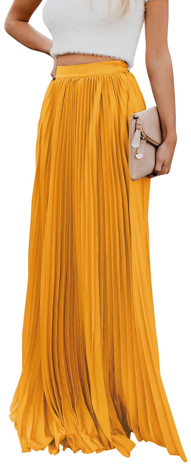 ebossy Womens High Waist Flowy Pleated Chiffon Maxi Skirt Medium Yellow