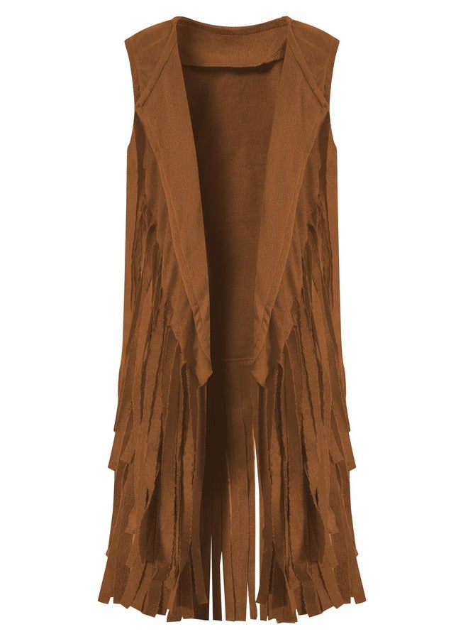 Okbebe Girls 60s 70s Costume Halloween Kids Disco Hippie Fringe Vest Boho Flared Outfits Accessories Set (Brown 12-14Y) - Image 3