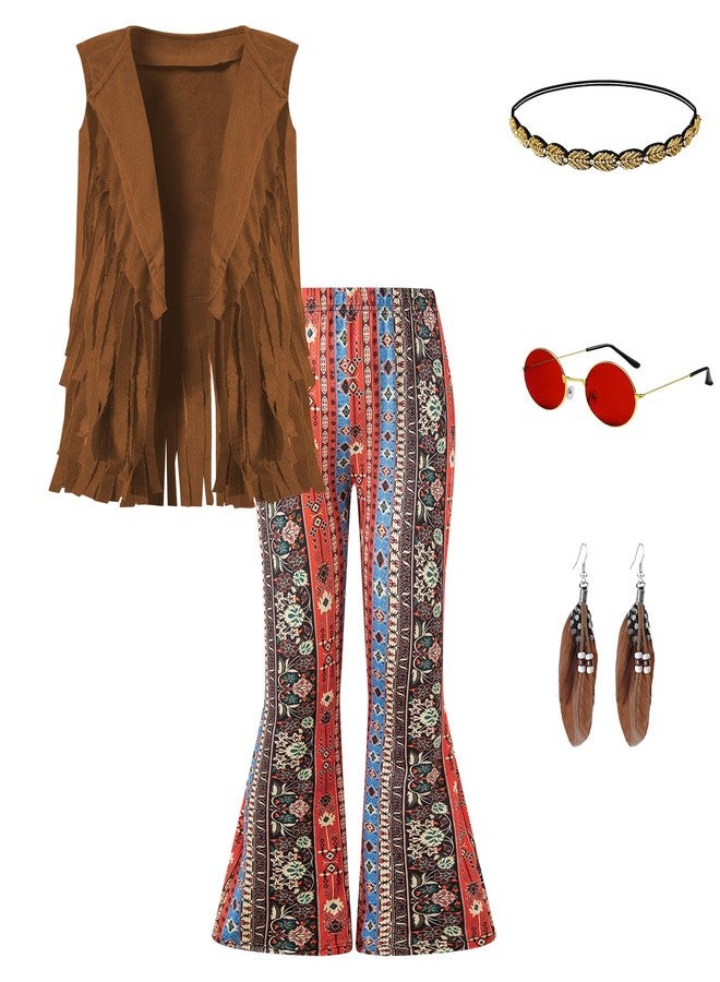 Okbebe Girls 60s 70s Costume Halloween Kids Disco Hippie Fringe Vest Boho Flared Outfits Accessories Set (Brown 12-14Y) - Image 2