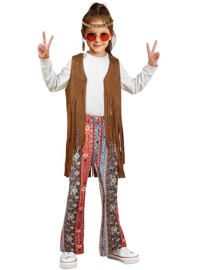 Okbebe Girls 60s 70s Costume Halloween Kids Disco Hippie Fringe Vest Boho Flared Outfits Accessories Set (Brown 12-14Y) - Image 1