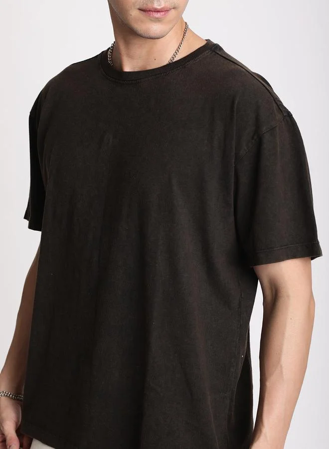 Styli Men Brown Oversized Acid Wash T-Shirt By Bene Kleed