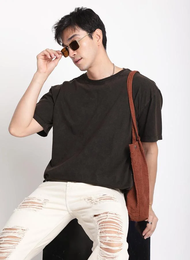 Styli Men Brown Oversized Acid Wash T-Shirt By Bene Kleed