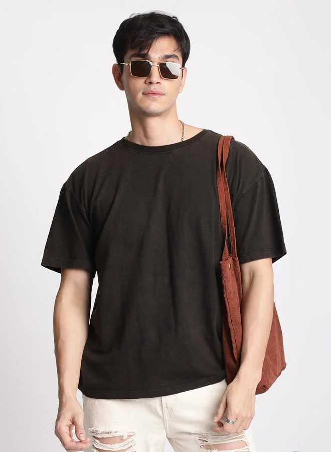 Take Two Men Brown Oversized Acid Wash T-Shirt