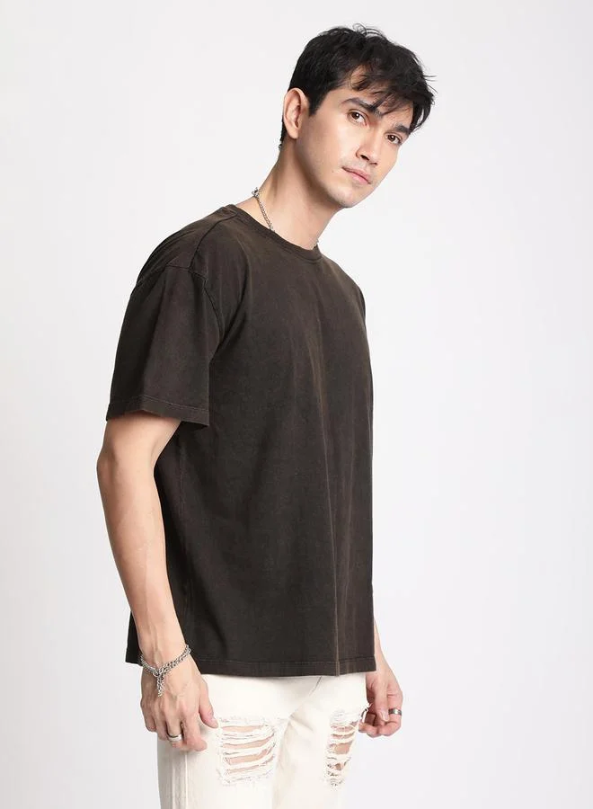 Take Two Men Brown Oversized Acid Wash T-Shirt