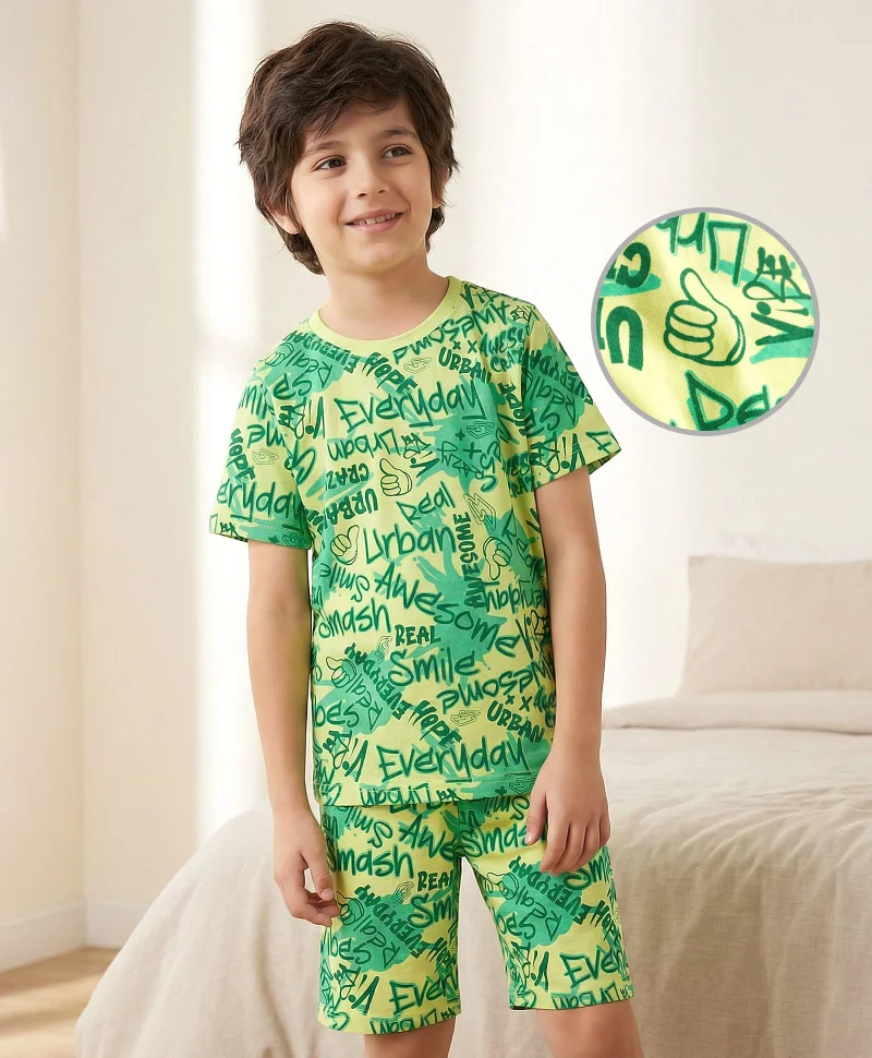 Pine Kids Pine Kids Single Jersey Knit Shorts Night Suit With Text Print - Lime Green