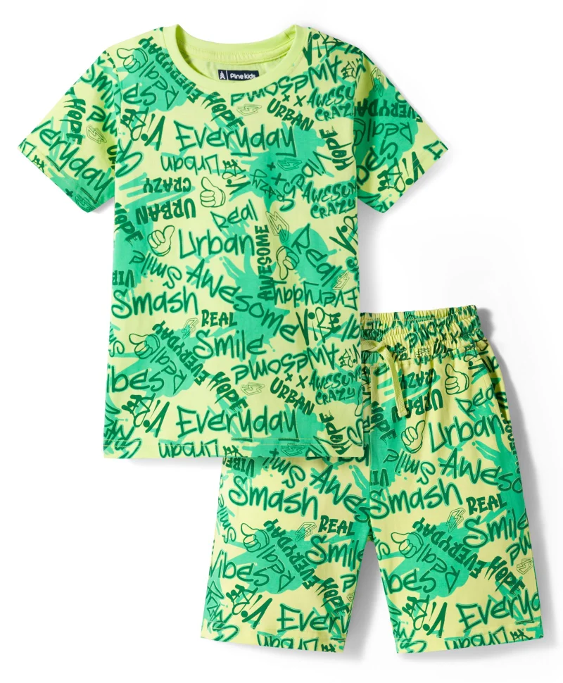 Pine Kids Pine Kids Single Jersey Knit Shorts Night Suit With Text Print - Lime Green