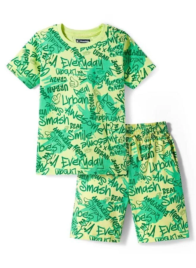 Pine Kids Pine Kids Single Jersey Knit Shorts Night Suit With Text Print - Lime Green