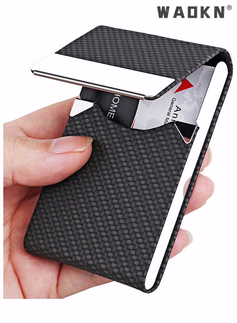 دبليو أيه أو كي أن حامل بطاقة العمل ، جيب بطاقة العمل المعدنية ، حامل البطاقة للنساء والرجال ، حاملي بطاقات الأعمال المهنية من جلد PU RFID حجب اسم حامل البطاقة مع مشبك مغناطيسي ، كربون أسود - Image 1