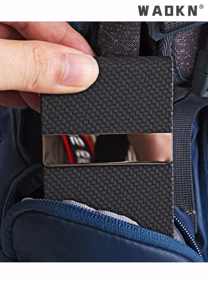 دبليو أيه أو كي أن حامل بطاقة العمل ، جيب بطاقة العمل المعدنية ، حامل البطاقة للنساء والرجال ، حاملي بطاقات الأعمال المهنية من جلد PU RFID حجب اسم حامل البطاقة مع مشبك مغناطيسي ، كربون أسود - Image 4