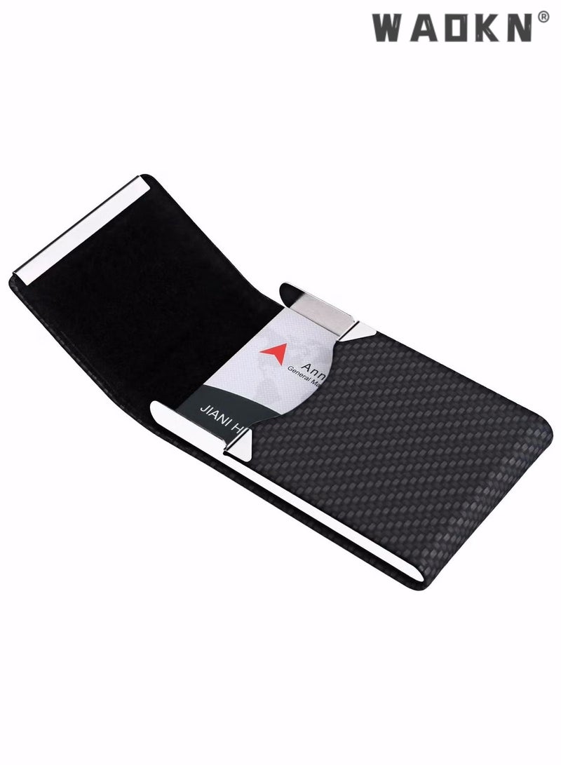 دبليو أيه أو كي أن حامل بطاقة العمل ، جيب بطاقة العمل المعدنية ، حامل البطاقة للنساء والرجال ، حاملي بطاقات الأعمال المهنية من جلد PU RFID حجب اسم حامل البطاقة مع مشبك مغناطيسي ، كربون أسود - Image 2