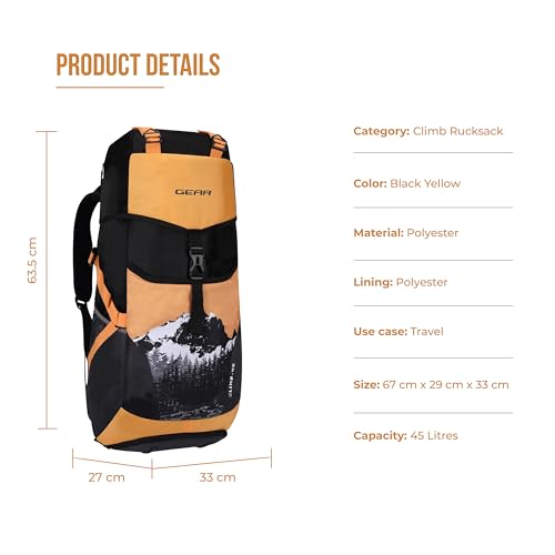 Gear Climb 45L Extra Large Water Resistant Rucksack/Travel bag/For Men & Women(Black - Yellow) - Image 3