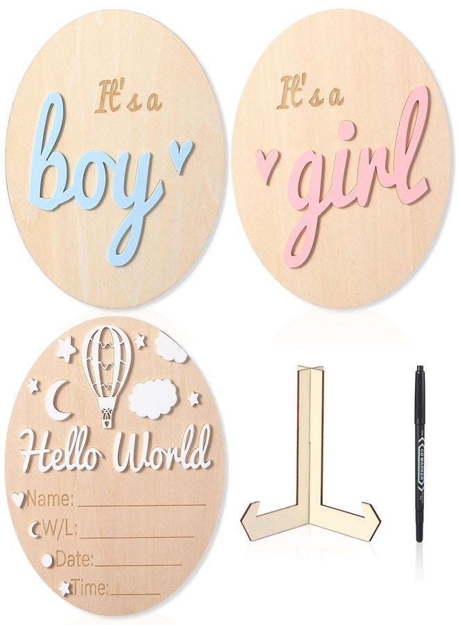 Fiwochic Baby Announcement Sign Set, 5.9 Inch Wooden Gender Reveal It's a Boy & Girl & Hello World Sign 3D Hot Air Balloon Design Newborn Board Plaque Pen for Hospital Shower Photo Props Nursery - Image 1