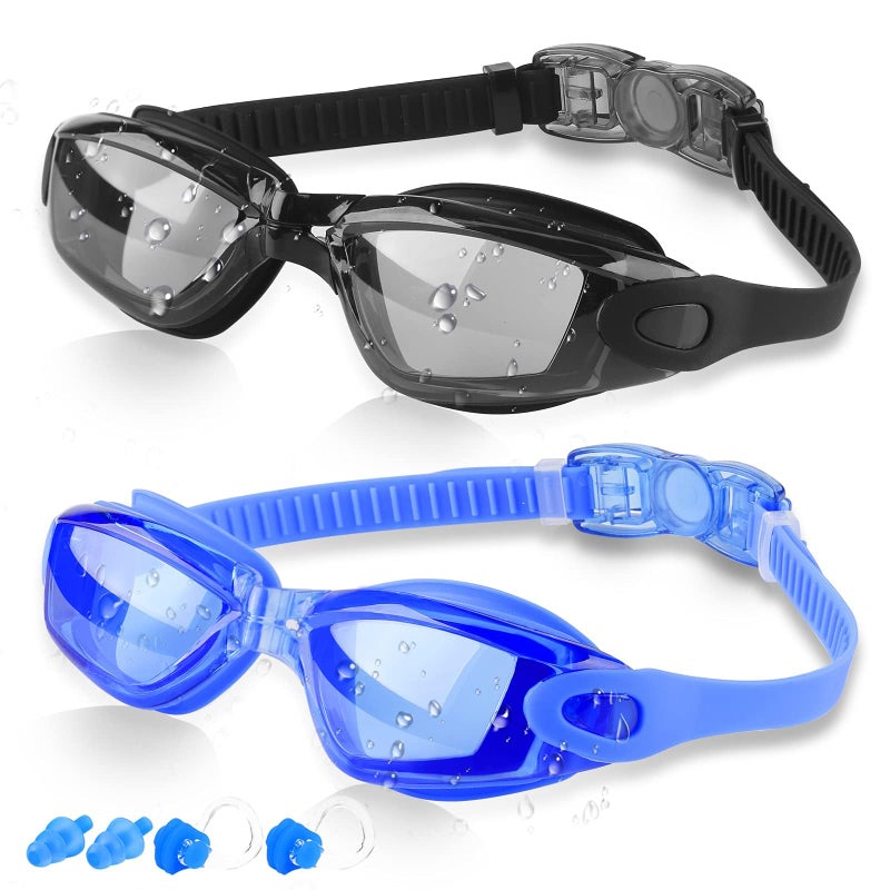 COOLOO Swim Goggles Men, 2 Pack Swimming Goggles for Women Kids Adult Anti-Fog, Dark Black & Blue - Image 1