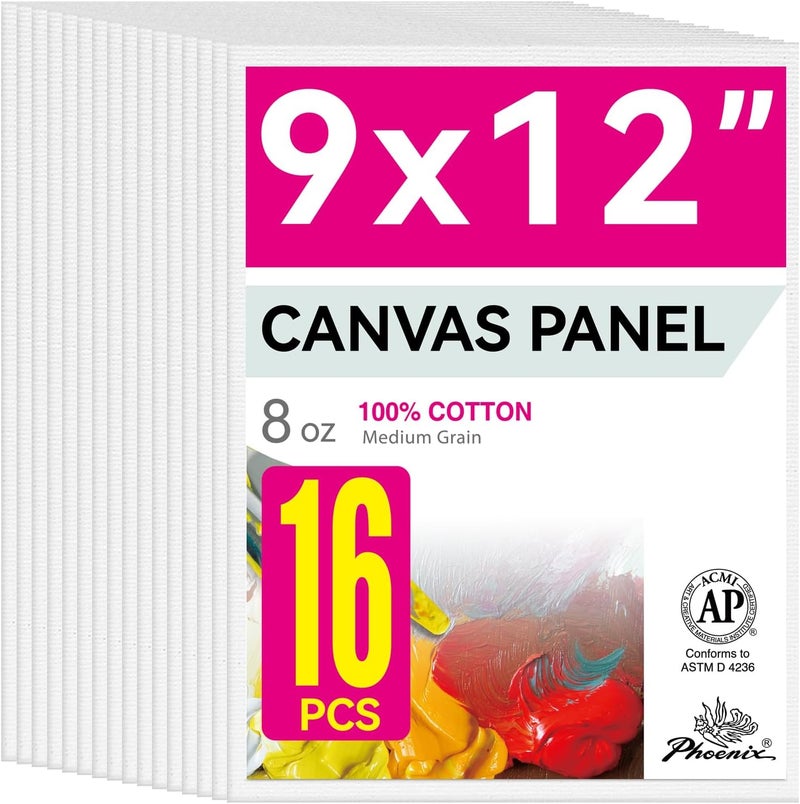 Phoenix Painting Canvas Panels 9x12 Inch, 16 Bulk Pack - 8 Oz Triple Primed 100% Cotton Acid Free Canvases for Painting, White Blank Flat Canvas Boards for Acrylic, Oil Paints - Image 1