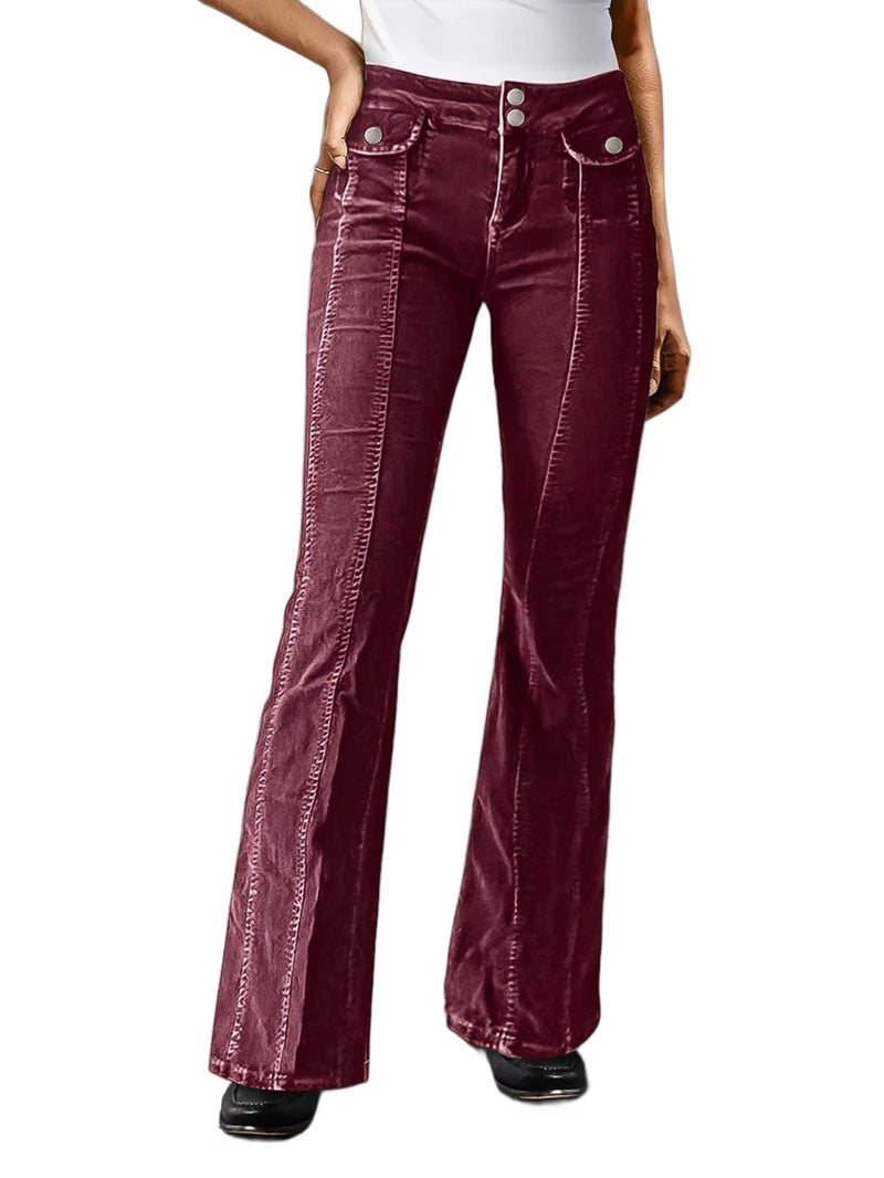 Flamingals Bootcut Mid Waist Solid Stitch Front Retro Pants for Women with Flap Pockets Burgundy L - Image 1