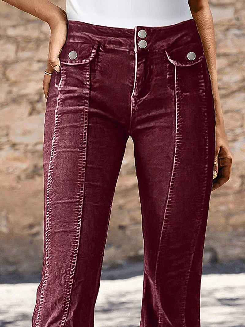 Flamingals Bootcut Mid Waist Solid Stitch Front Retro Pants for Women with Flap Pockets Burgundy L - Image 5