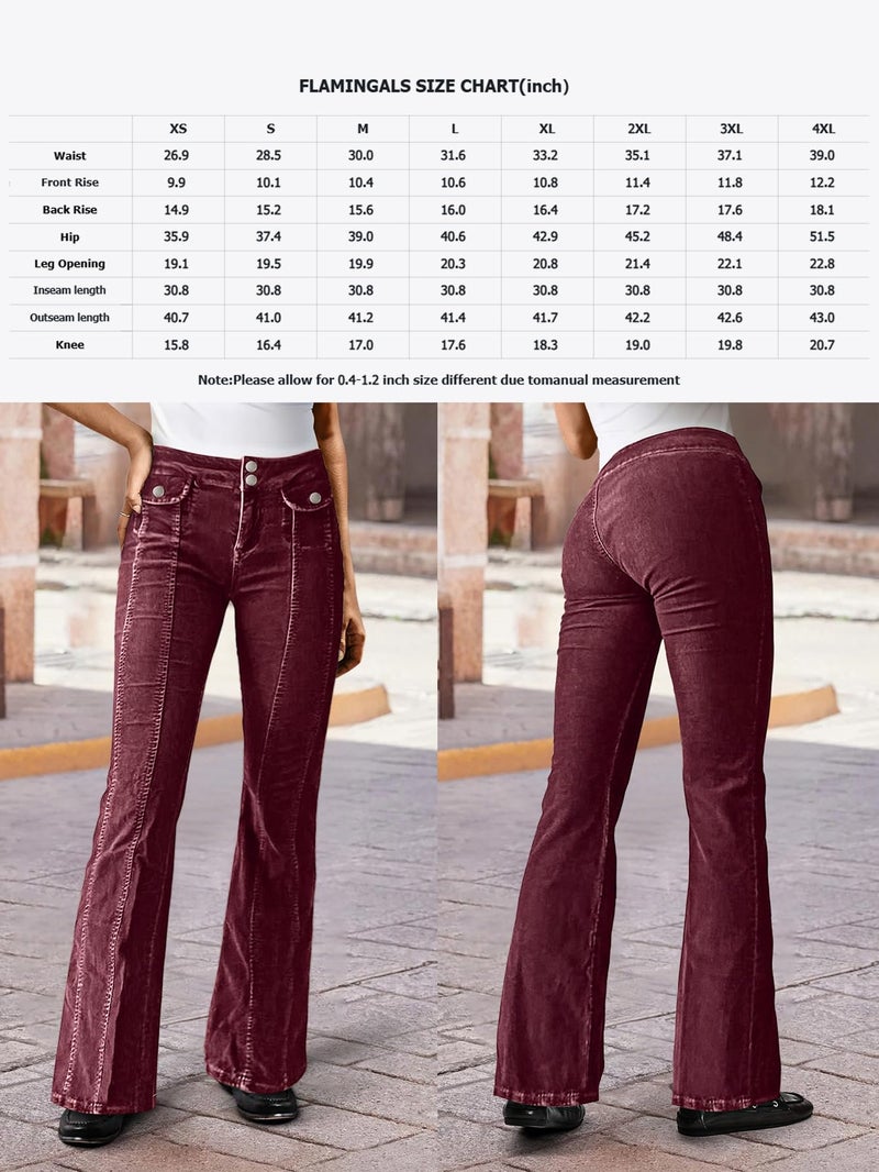 Flamingals Bootcut Mid Waist Solid Stitch Front Retro Pants for Women with Flap Pockets Burgundy L - Image 4