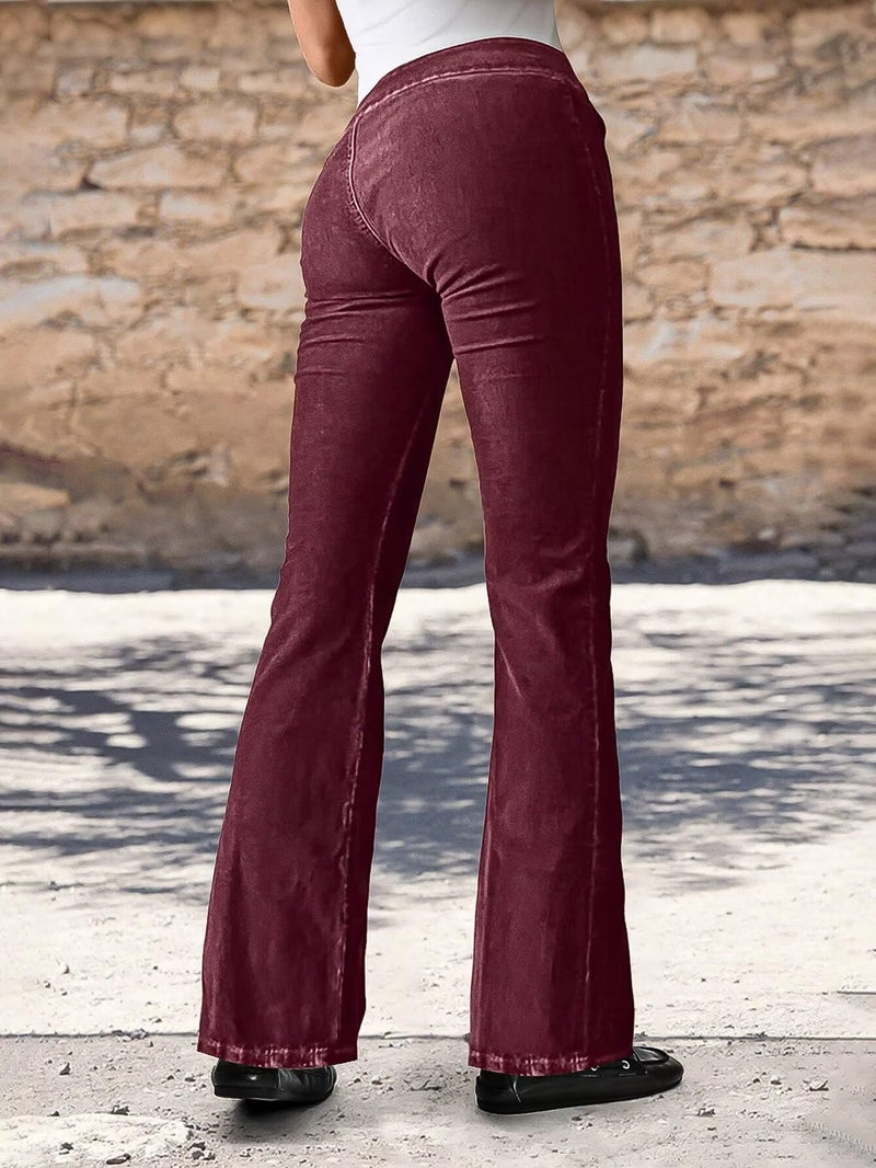 Flamingals Bootcut Mid Waist Solid Stitch Front Retro Pants for Women with Flap Pockets Burgundy L - Image 3