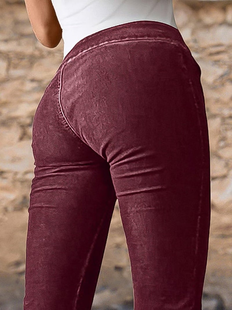 Flamingals Bootcut Mid Waist Solid Stitch Front Retro Pants for Women with Flap Pockets Burgundy L - Image 2