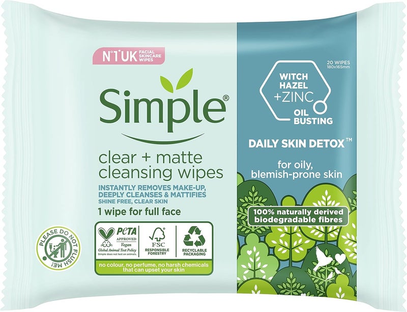 Simple Daily Skin Detox Clear Matte Biodegradable Wipes with vitamin B3 cleansing makeup remover for oily skin 20 wipes