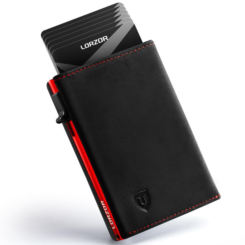 LORZOR Wallet for Men with Metal Card Holder, Pop Up Wallet, Finest Full Grain Leather Trifold Wallet, Smart, Minimalist, RFID Blocking, Front Pocket, ID Window, Black/Red - Image 1