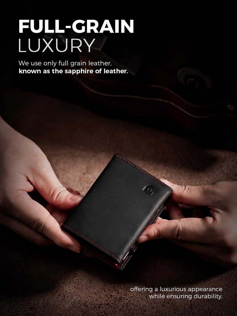 LORZOR Wallet for Men with Metal Card Holder, Pop Up Wallet, Finest Full Grain Leather Trifold Wallet, Smart, Minimalist, RFID Blocking, Front Pocket, ID Window, Black/Red - Image 3