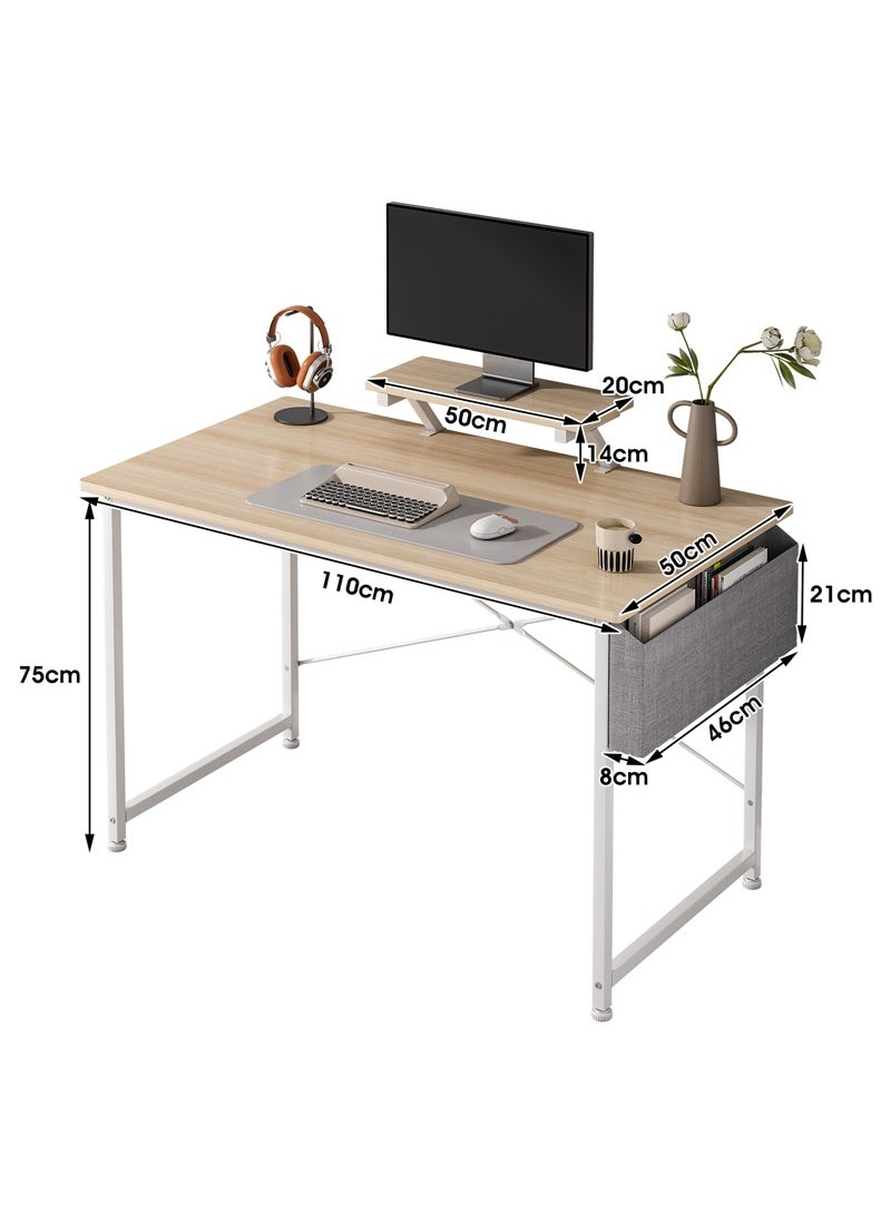 Office Table with Storage Bag, Computer Desk with Monitor Stand, Study Desk for Home & Office, Compact Writing Workstation (110x50x75cm, Beige)
