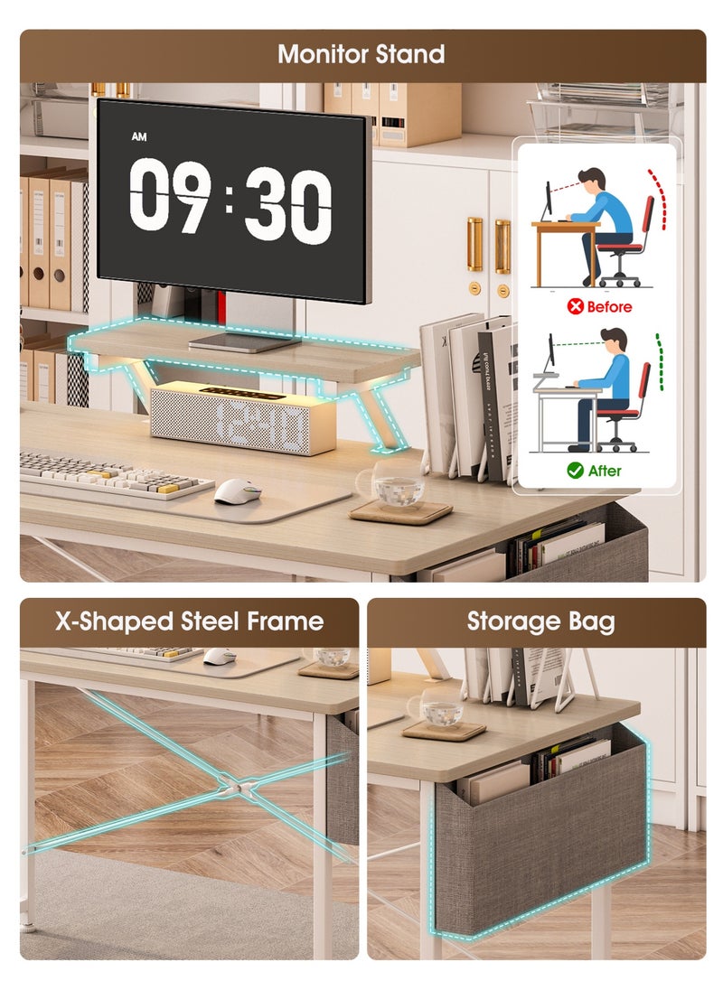 Office Table with Storage Bag, Computer Desk with Monitor Stand, Study Desk for Home & Office, Compact Writing Workstation (110x50x75cm, Beige)