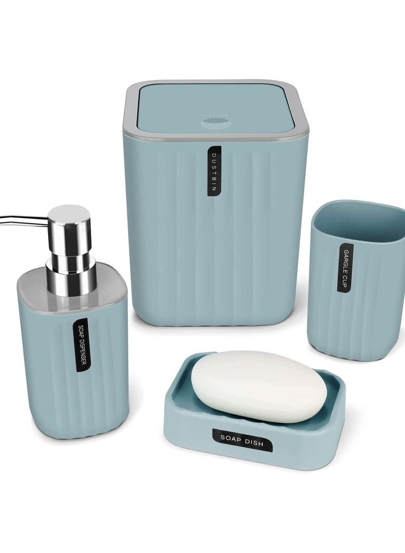 Bathroom Accessories Set 4 Piece Bath Ensemble Includes Trash Can, Soap Dispenser, Toothbrush Holder, Toothbrush Cup for Decorative Countertop and Housewarming Gift, Blue  - Image 1