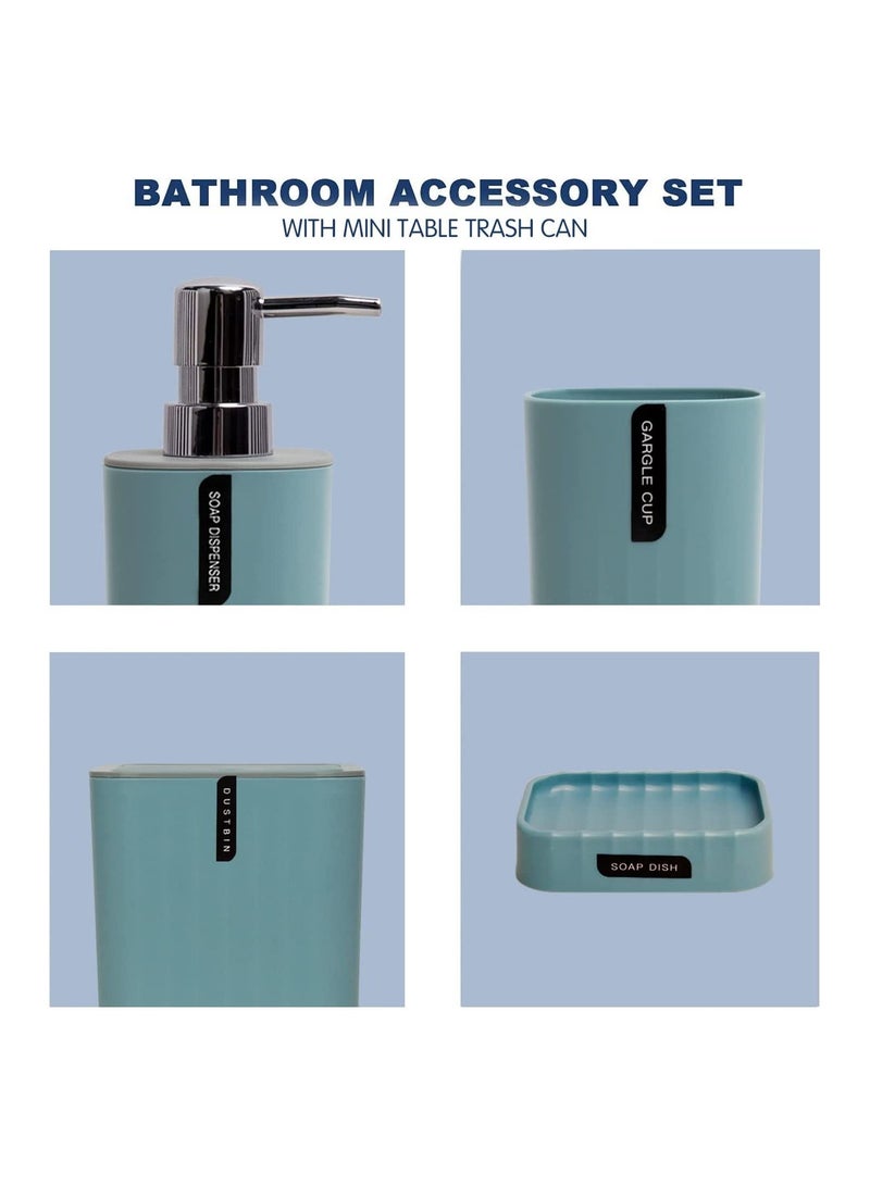 Bathroom Accessories Set 4 Piece Bath Ensemble Includes Trash Can, Soap Dispenser, Toothbrush Holder, Toothbrush Cup for Decorative Countertop and Housewarming Gift, Blue  - Image 3